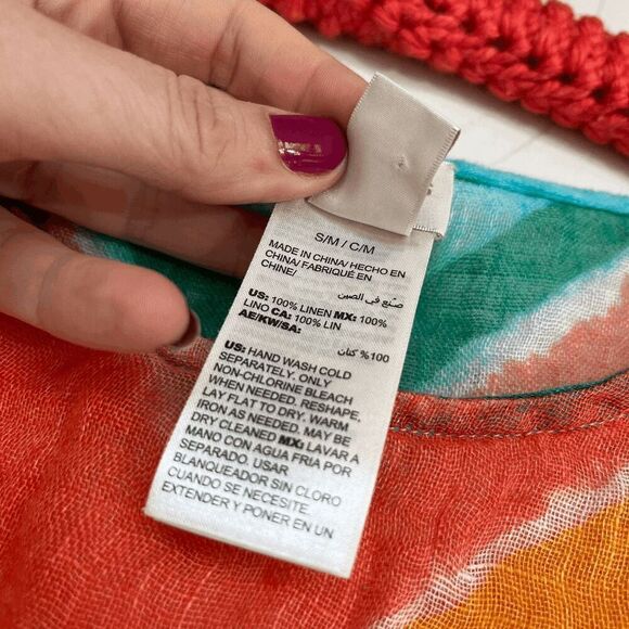 Chico’s Linen Poncho Top S/M OS Chevron Teal Coral Beachy Oversized Flowy - Picture 7 of 8